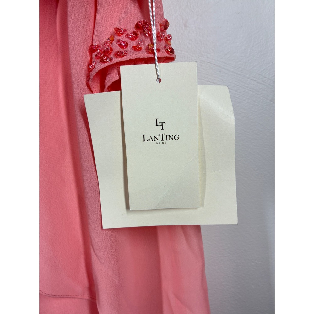 Lanting‎ Beaded Sleeve Chiffon Overlay Sheath Dress Medium Peach Mother of Bride - Picture 9 of 13